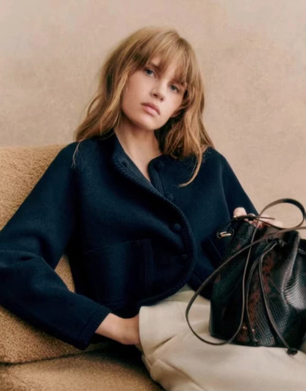 SEZANE Auguste Coat Wool Blend French Braid Navy Blue Sz XXXL $235 {246}